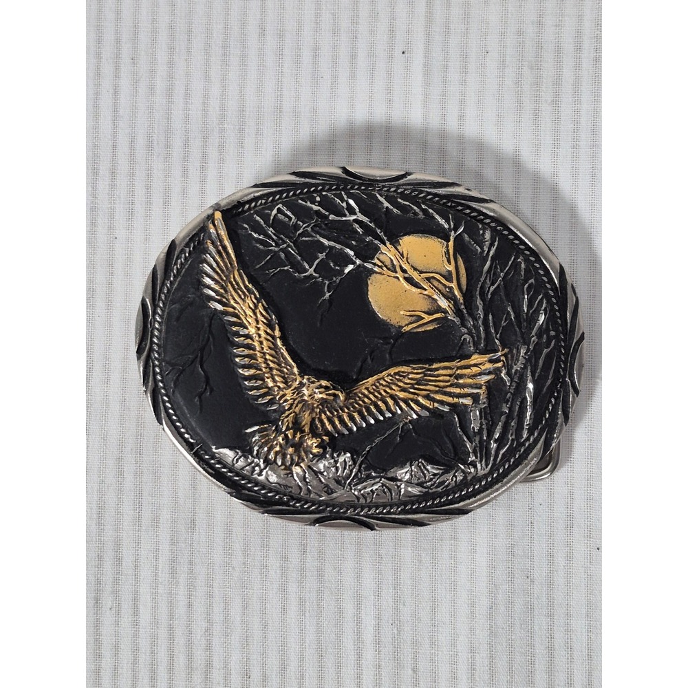 SSI Handcrafted USA Golden Eagle Moon Belt Buckle Silver Gold Tone Western Oval